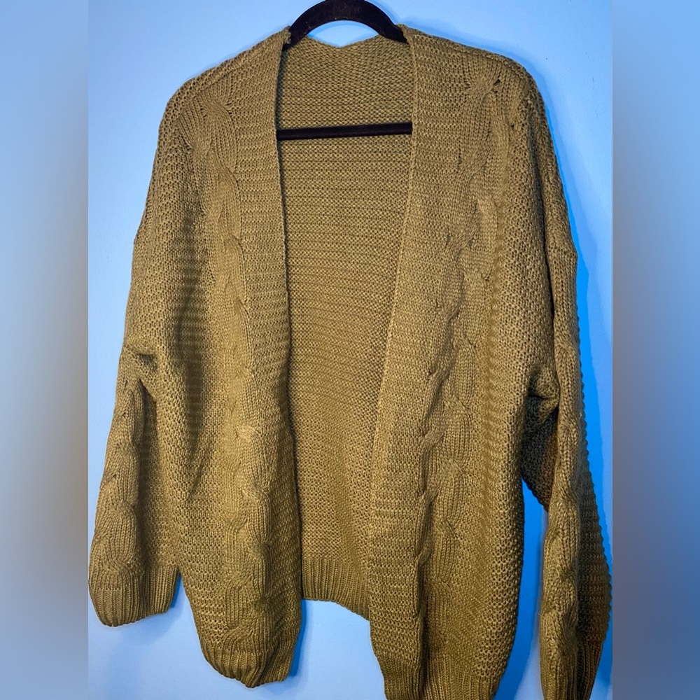 Olive Green Knit Sweater Women’s Open Cardigan, L‎